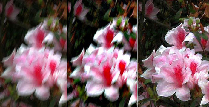 (left) Original image<br/>(centre) Deblurred output by edge sharpening technology<br/>(right) Deblurred output by CUHK's image deblurring technology