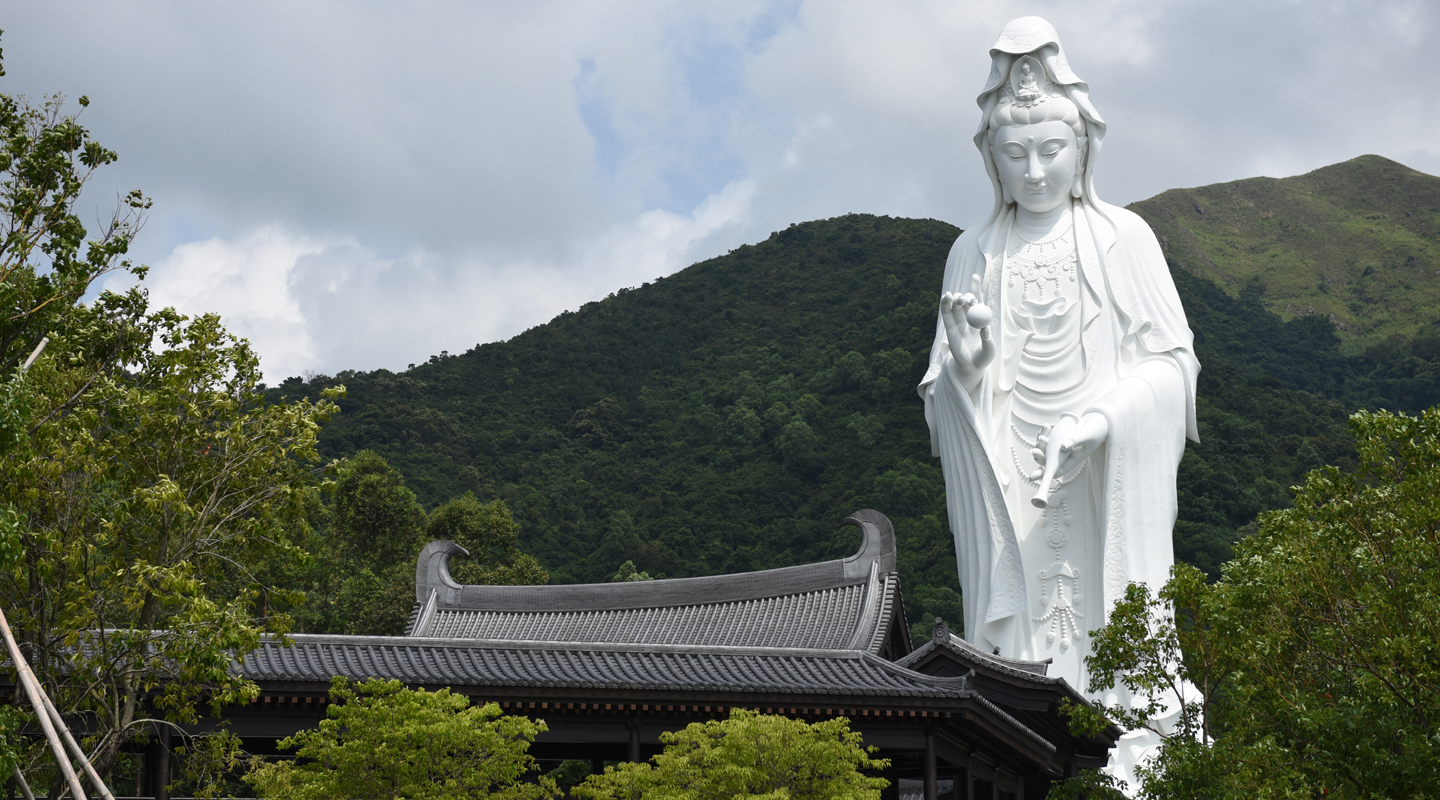 The massive Guanyin statue is twice the height of Big Buddha in Lantau. Absent from Tsz Shan's tradition-inspired modern buildings are interlocking brackets under the eaves that are a feature of Tang architecture
