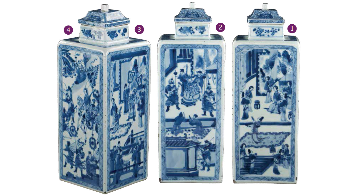 Blue-and-White Square Vase and Cover<br />
Jingdezhen ware, Jiangxi province<br />
Kangxi, Qing (1662&ndash;1722)<br />
Height (with cover) 31 cm<br />
University Purchase<br />
2016.0054