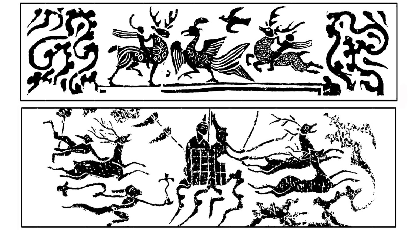 Han rubbings showing immortals riding on deer (top) and immortals on a wagon pulled by deer (bottom)