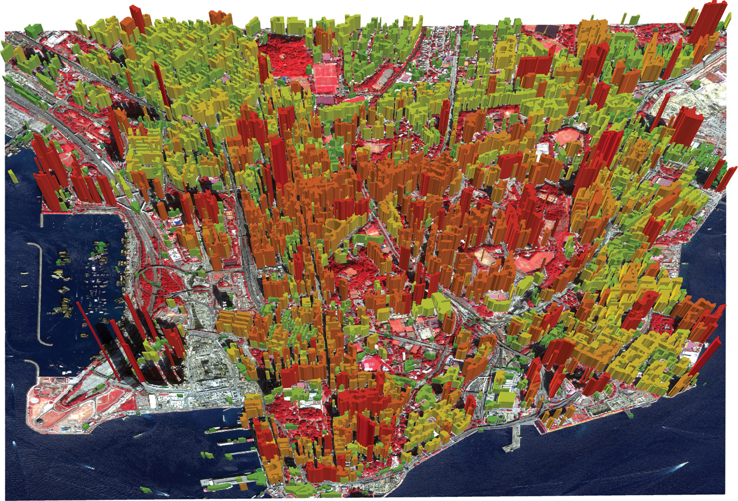 In the Kowloon 3D map produced by CUHK, the height of buildings is indicated by colours. The buildings in red are the tall ones