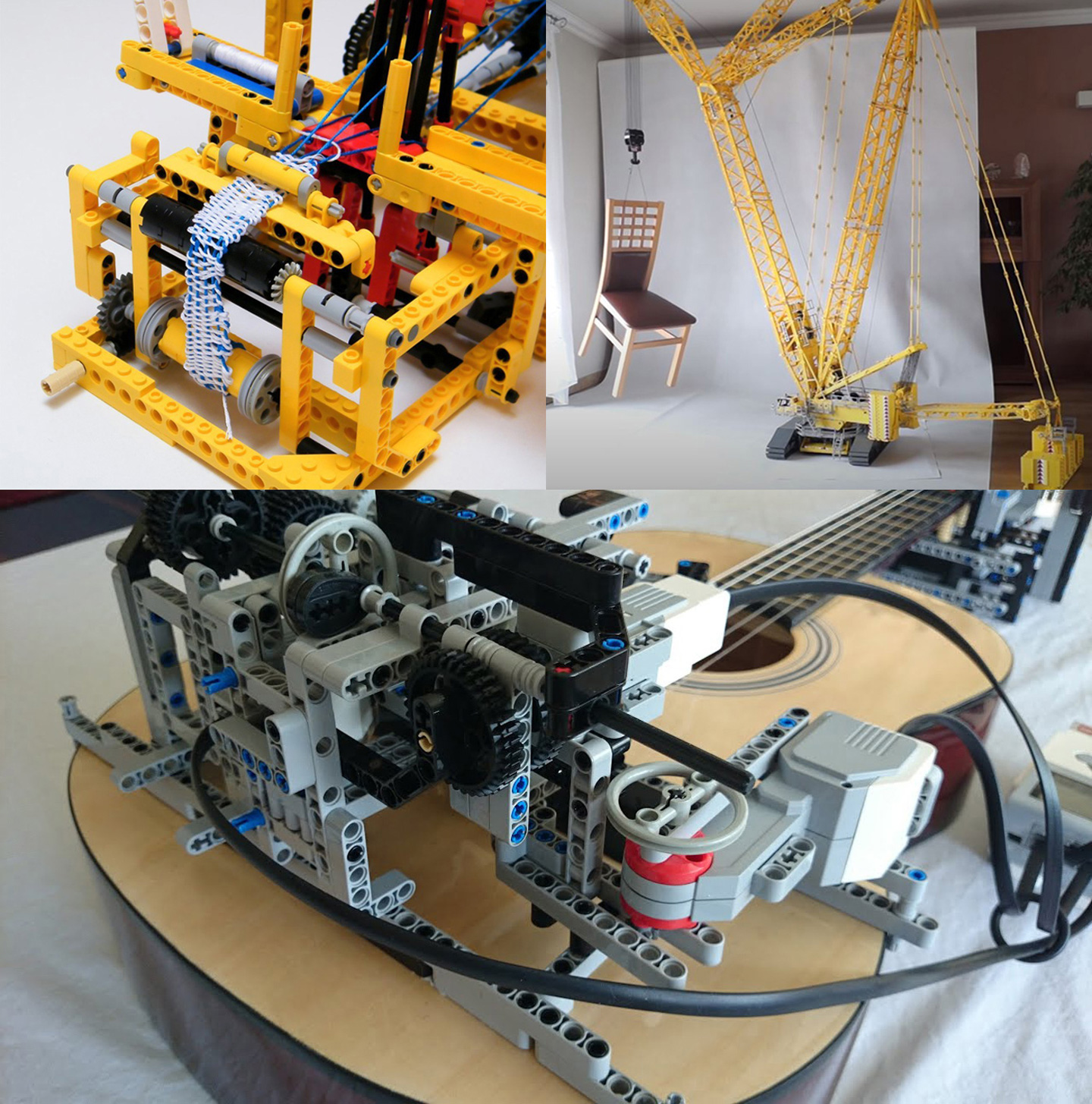 Some of the practical uses of LEGO Technic system include: (a) mechanical loom (upper left, source: N. Lespour); (b) crawler crane for lifting (upper right, source: D. Szmandra), and (c) guitar playing (bottom, source: TECHNICally Possible)