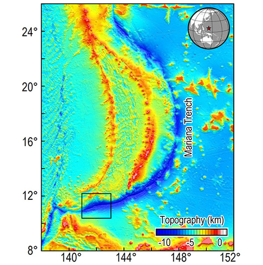 <em>Figure 2: Location and shape of the Mariana subduction zone. The box is the target area of scientific expeditions to be conducted in 2017</em>