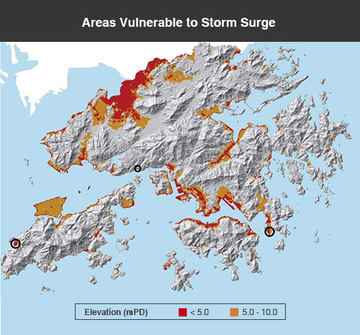 <em>Areas of low surface elevation in the Hong Kong territory. Open circles (from left) indicate the locations of Tai O, Sham Tseng and Lei Yue Mun </em>(Source: Hong Kong Climate Change Report 2015)