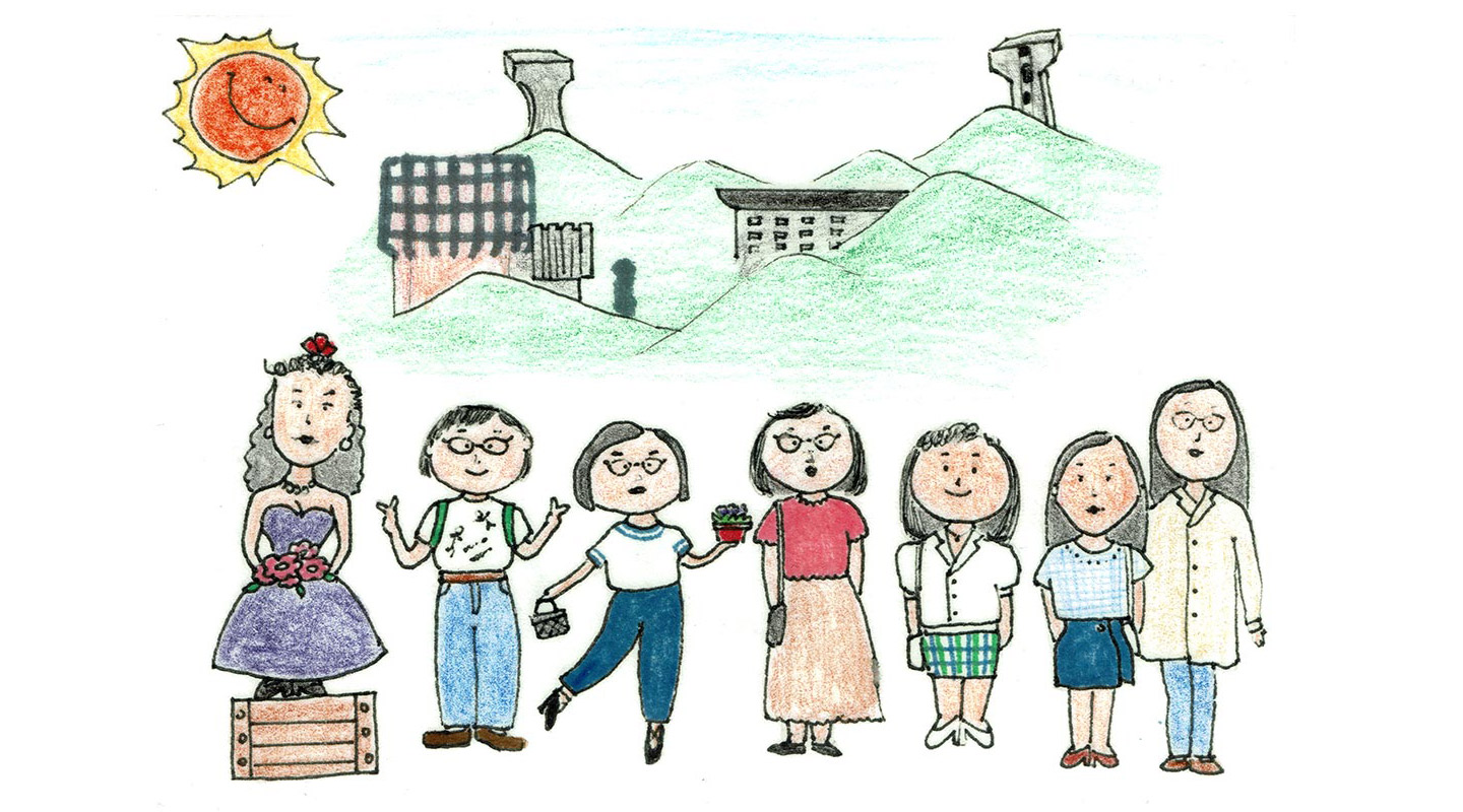 Crayon drawing by Bonnie’s former CUHK classmate, depicting Bonnie <em>(far left)</em> with her six friends on campus <em>(courtesy of the interviewee)</em>