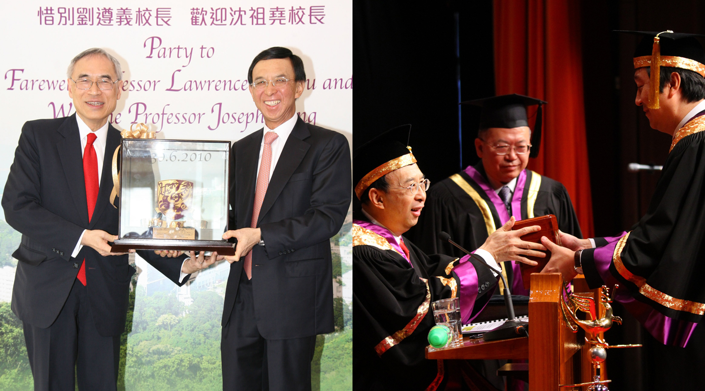 Presenting a replica of the CUHK emblem to Prof. Lawrence J. Lau, outgoing Vice-Chancellor at the farewell party (30 June 2010), and presenting the seal of the Vice-Chancellor to Prof. Joseph J.Y. Sung at the 68th Congregation (16 December 2010)
