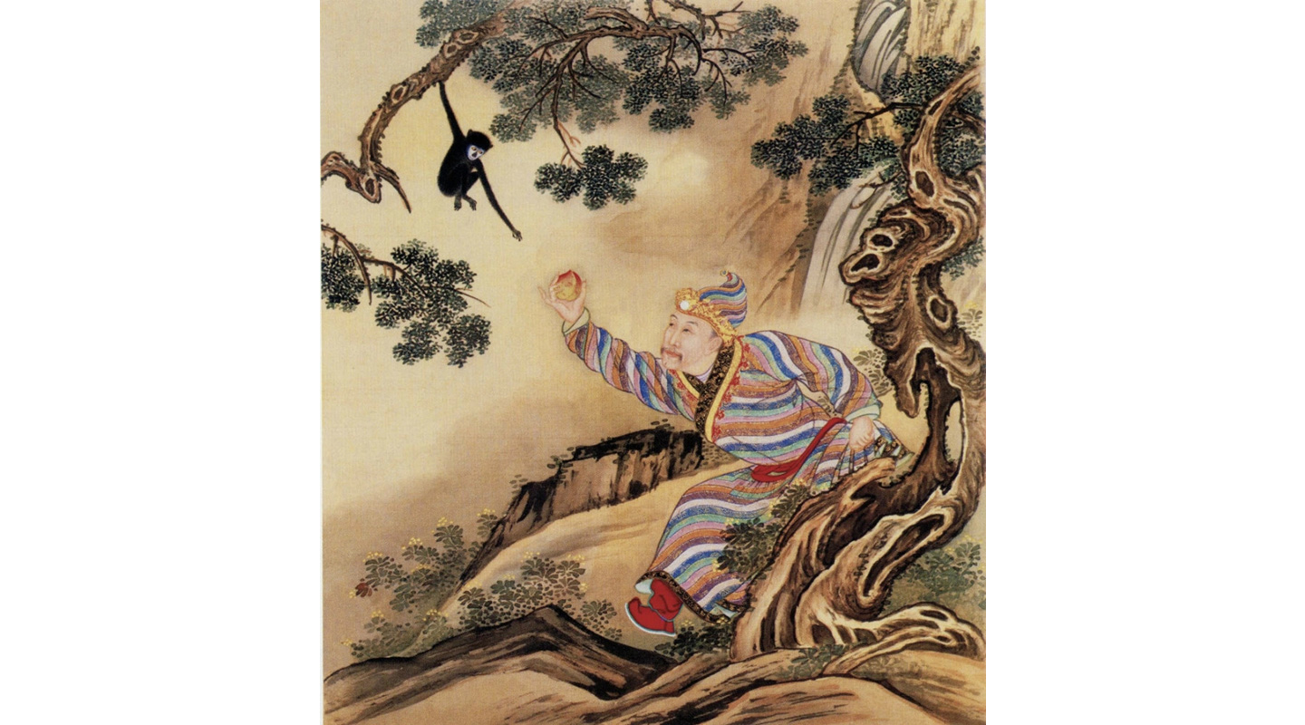 <em>‘Xiantao xihou’</em> (‘Monkey Baiting’), one of the 13 leaves from an anonymous album entitled <em>A Life Portrait of the Yongzheng Emperor</em>, colour on silk, Qing dynasty, Yongzheng period, Palace Museum, Beijing
