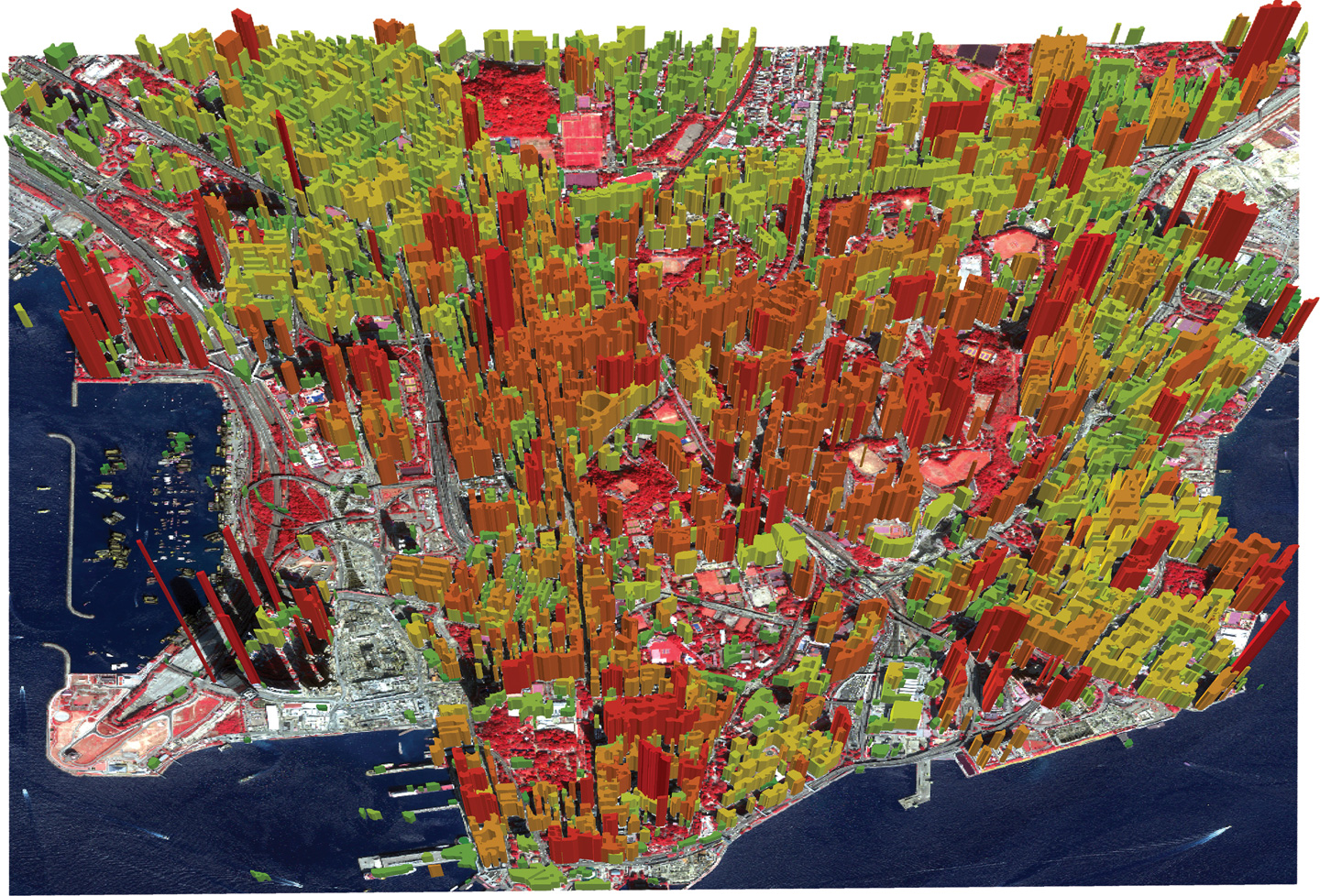 中大繪製的九龍三維數據圖，樓房高度按顏色標示，紅色為高樓