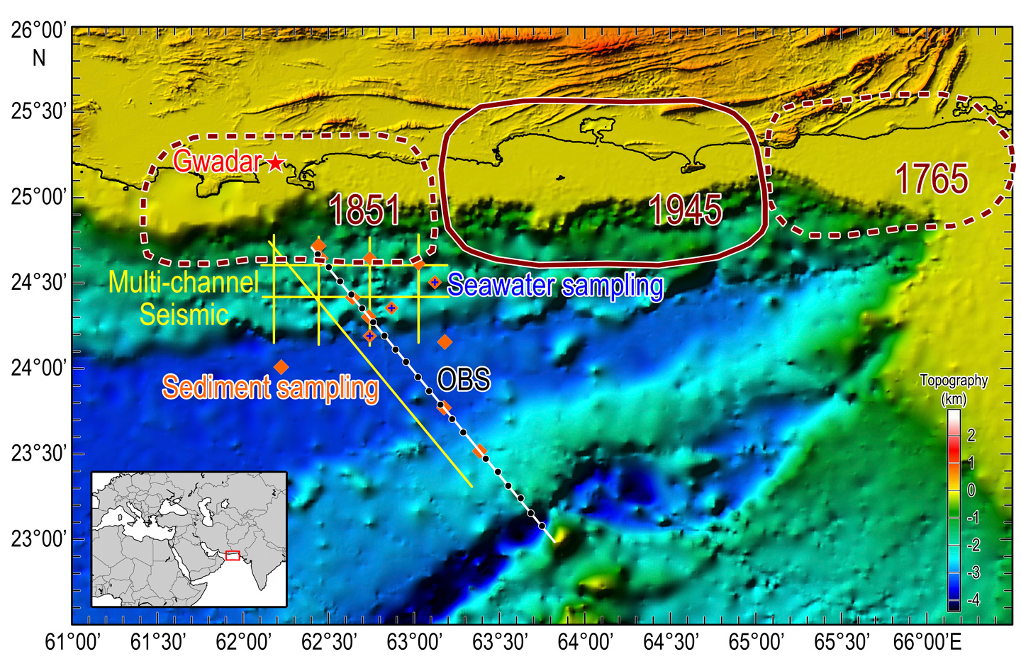 研究人員在莫克蘭海溝抽取沉積物樣本（橙點），並每隔十一公里投放海底地震儀（白線上的黑點）