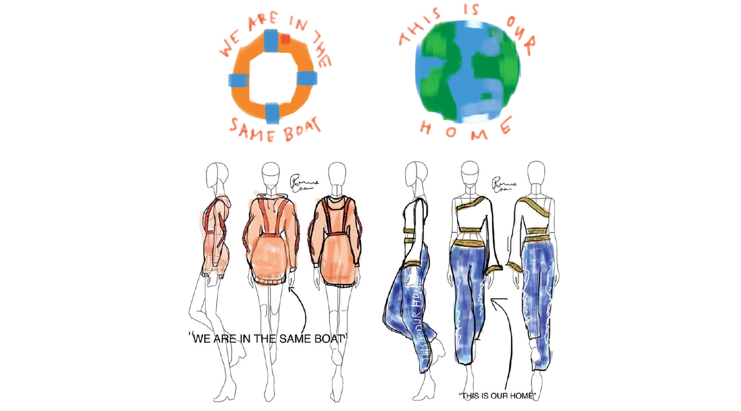 T-shirt prints and fashion design drafts by Harmony. The featuring of boat is inspired by the refugees’ horrid boat-taking memories