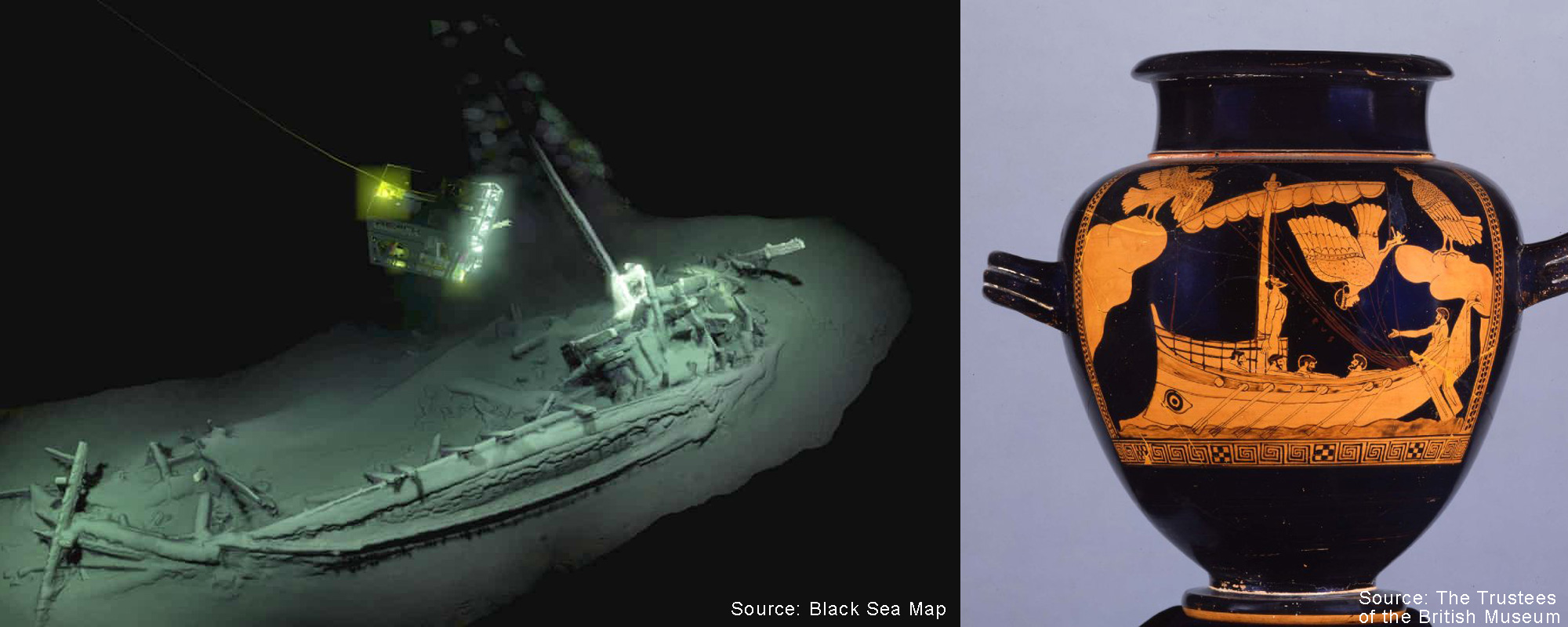 2018年於黑海發現、擁有超過二千四百年歷史的古希臘商船，為現時世上最古老沉船。商船與公元前五世紀、現存大英博物館的「海妖花瓶」上的船隻圖案極為相似