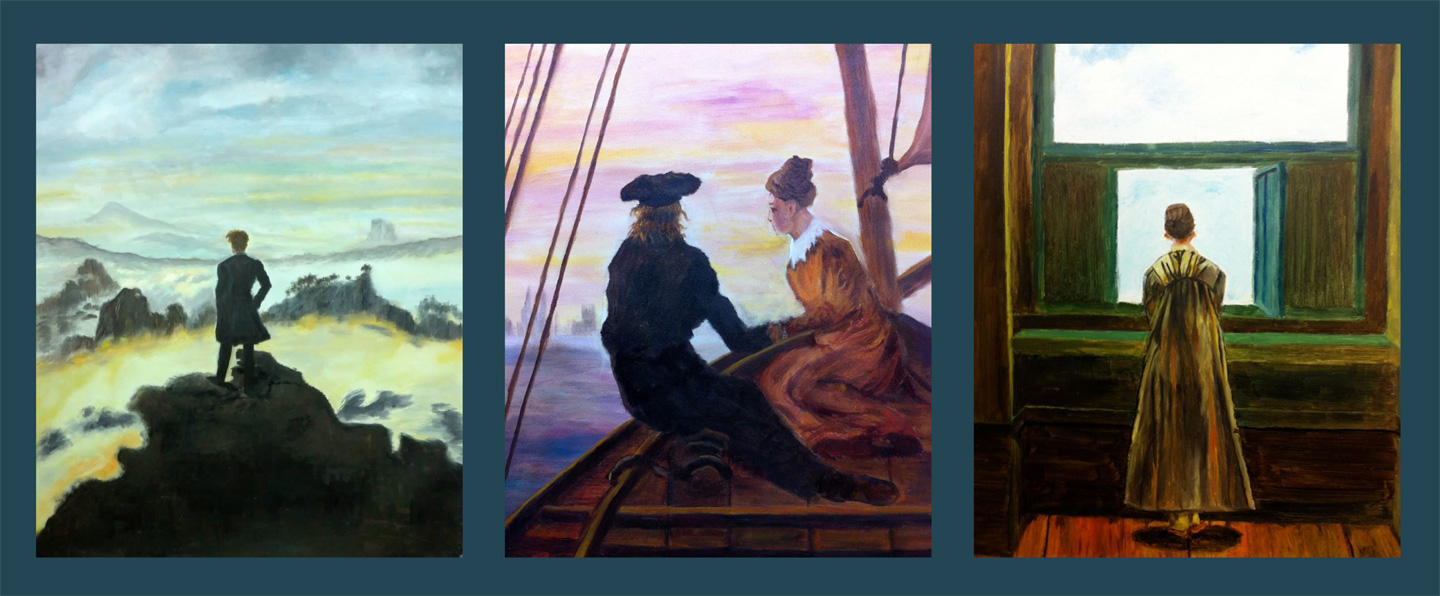 Sarah's renditions of three paintings by Caspar David Friedrich, from left to right: <em>Wanderer above the Sea of Fog, On the Sailing Boat and Woman at the Window</em>