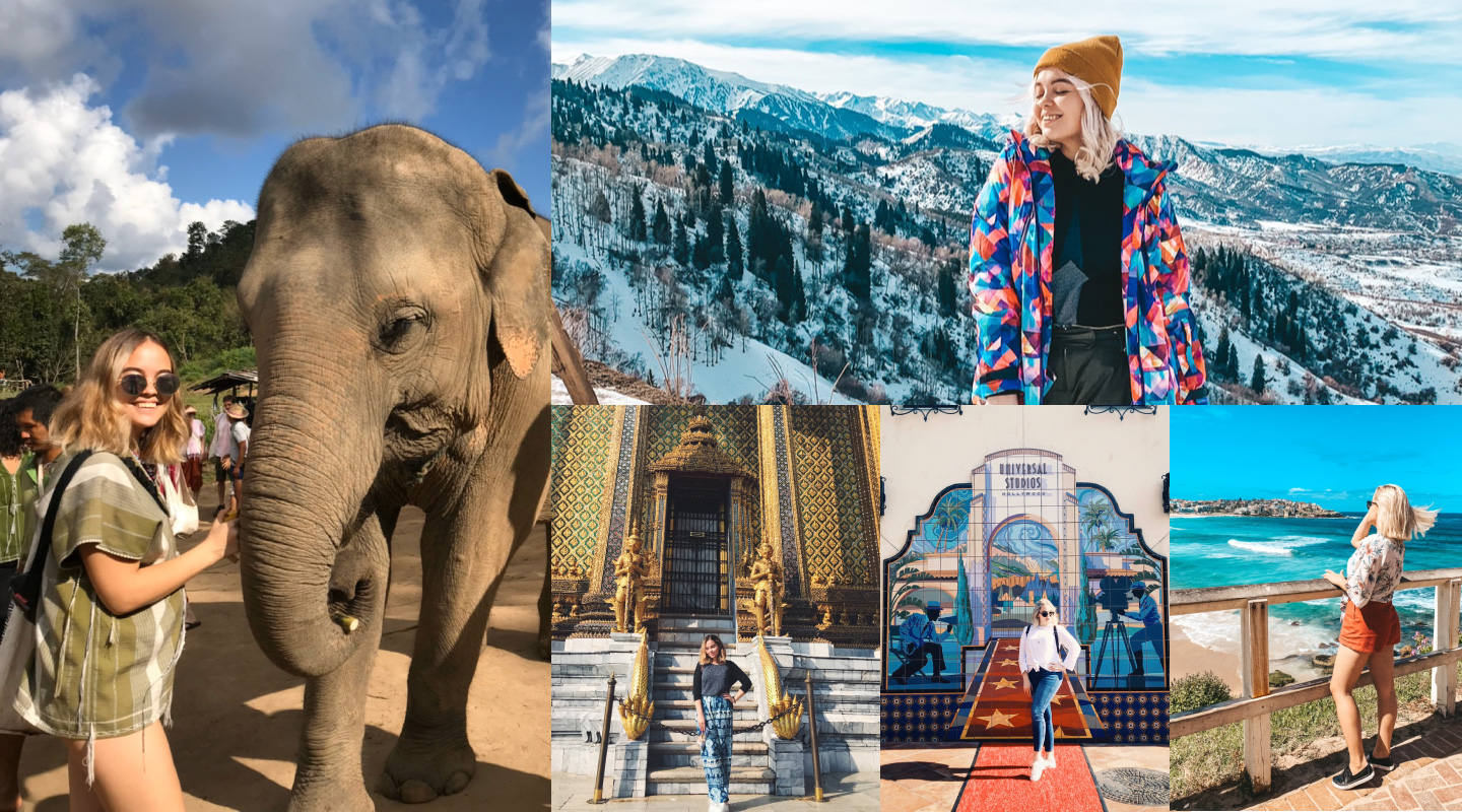 Outside studies, Anna went on exchange twice and took on four internships, which took her all over the world. Anti-clockwise from left: on exchange in Thailand in 2018; in Chiang Mai, Thailand; in the US as an intern in 2019; on exchange in Australia in 2019; back at home in Kazakhstan this year