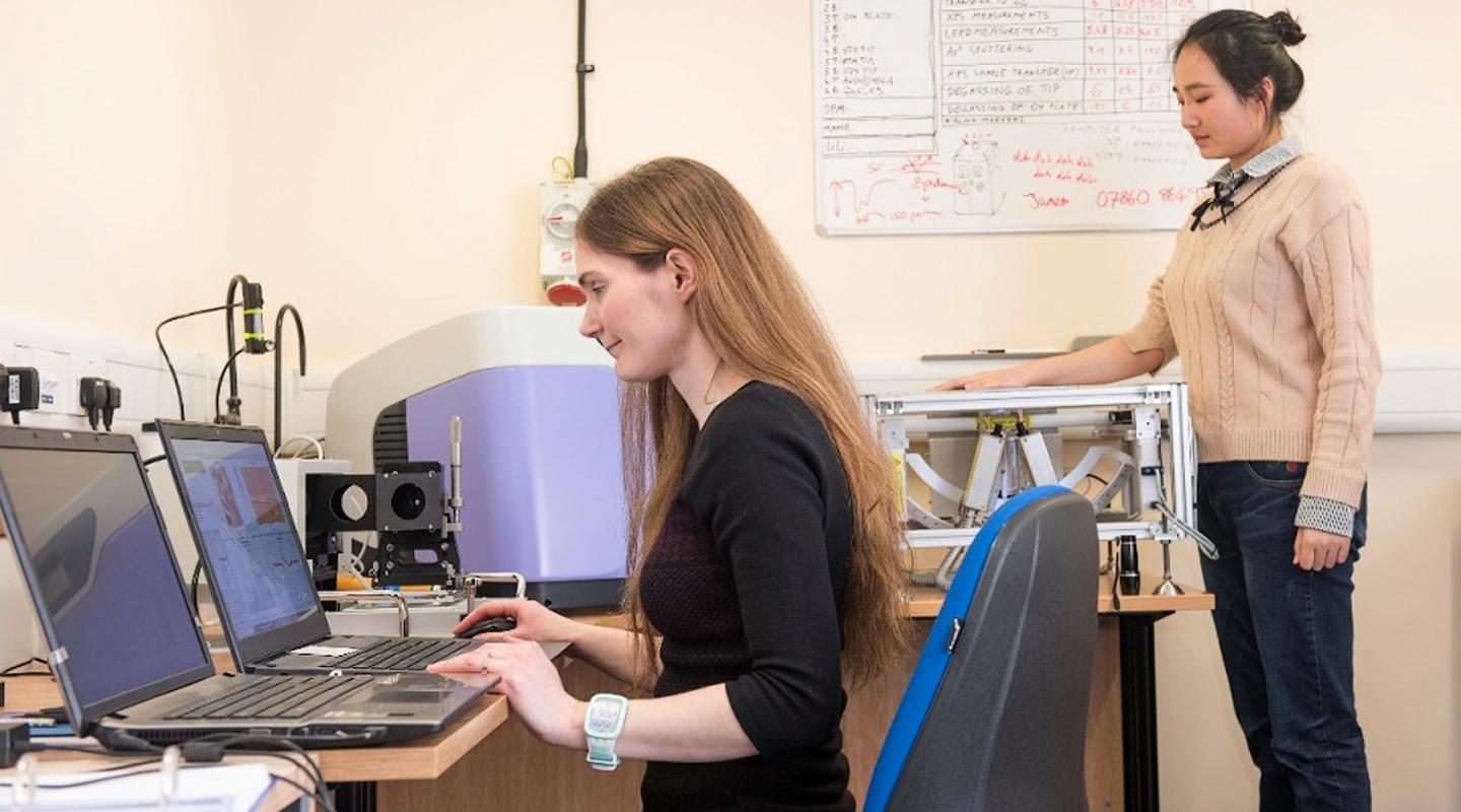 Biological sample rests on a platform for screening. The imaging system developed by Prof. Emma MacPherson <em>(left)</em> can detect skin cancer by its different hydration profile 