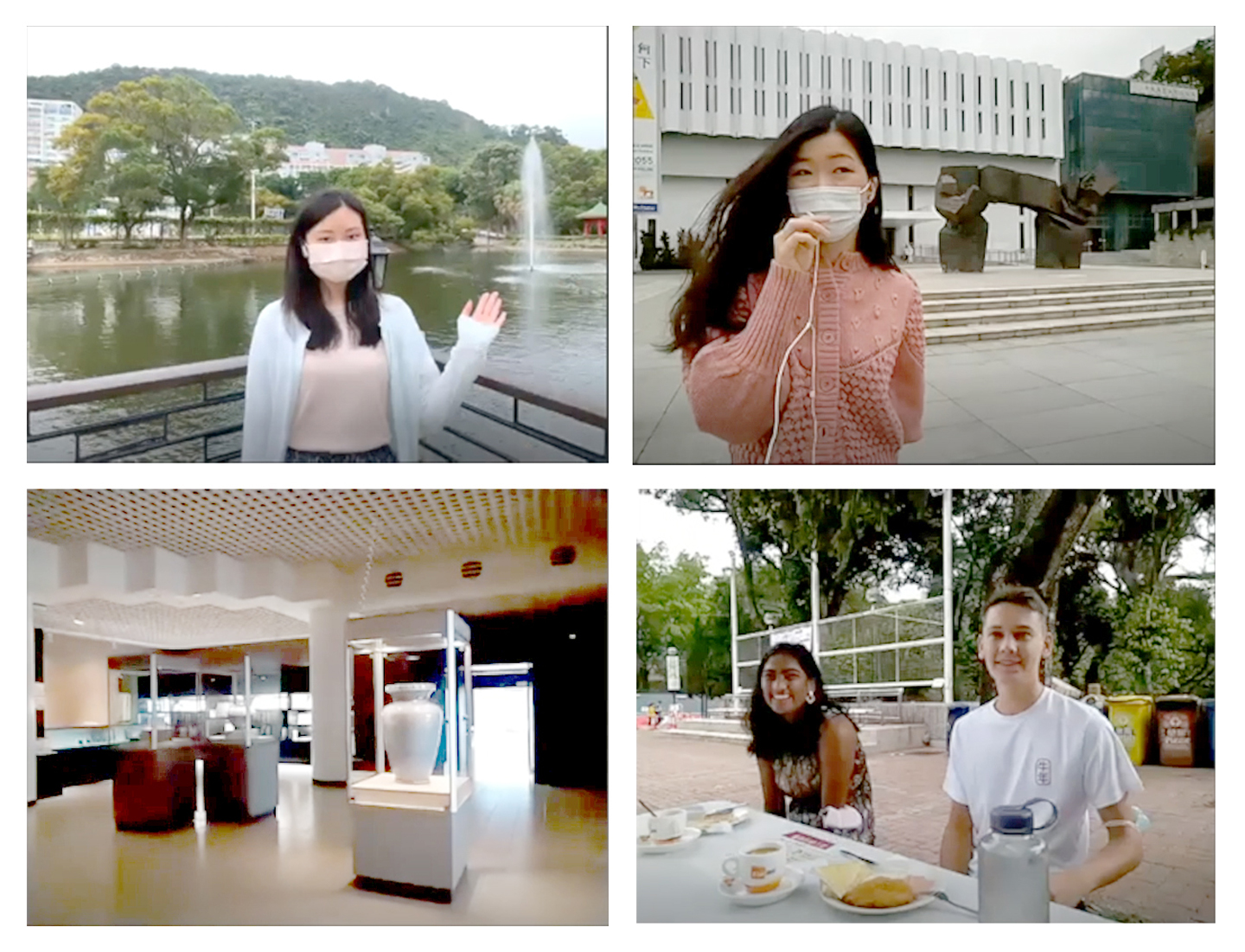 The CUHK Virtual Campus Tour introduces to its participants numerous campus landmarks including Lake Ad Excellentium <em>(top left)</em>, Gate of Wisdom <em>(top right)</em>, Art Museum <em>(bottom left)</em>, and interviews exchange students enjoying breakfast at Coffee Corner <em>(bottom right)</em>