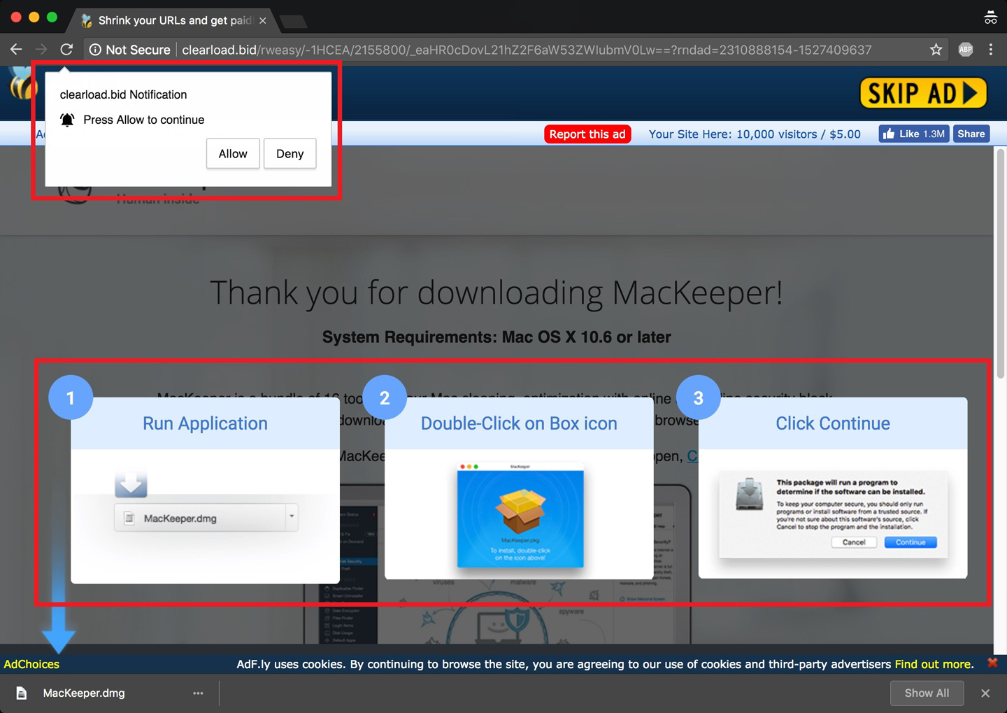 A drive-by download page visited via click interception from content provider's webpage—users may run the risk of downloading malware into their computers <em>(courtesy of interviewee)</em>