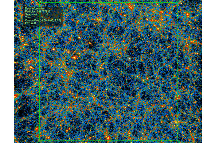A simulated map of matter (dark matter) distribution in the universe, generated by Professor Chu’s student Dalong Cheng