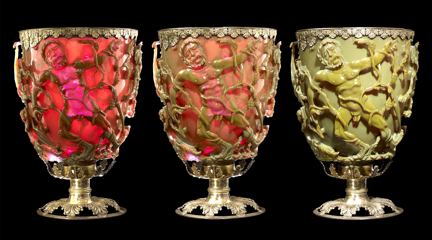 Lycurgus Cup changes colour in different lighting conditions <em>(Source: British Museum)</em>