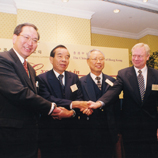 In 2000, CUHK announced teaching hotel project in collaboration with New World Development Ltd. (From left) Prof. Arthur K.C. Li, Dr. Cheng Yu Tung, Dr. Lee Hon-chiu, Prof. David Dittman