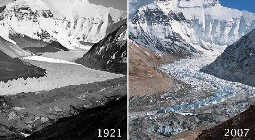 The Rongbuk Glacier in Tibet experienced an average vertical loss of 330 feet between 1921 and 2007 <em>(Photo by George L. Mallory/David Breashears)</em>