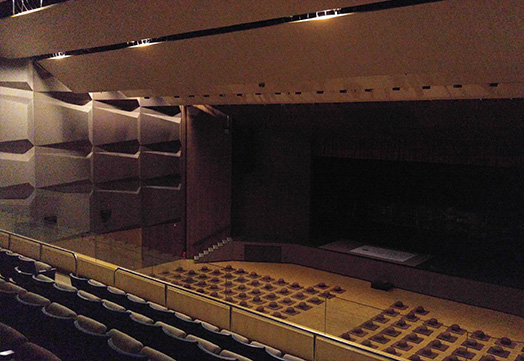 <em>Stage lights of the Sir Run Run Shaw Hall are all changed to LED. When the theatre is unused, only a dim row of emergency lights remain lit (Photo by ISO staff)</em>