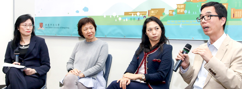 <em>Sharing of green initiatives by winners of the 'Greenest Office' Award featuring </em>(from left)<em> facilitator Ms. Vivian Ho, Director of Campus Planning and Sustainability; Prof. Lam Ching-man, Acting Chairperson of Department of Social Work; Ms. Kennis Chan, Assistant Registrar I of Graduate School Office and Mr. Edmond Lam, Director of Estates Management</em>